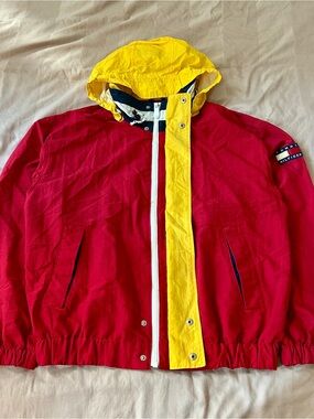 Vintage Made in Bulgaria Tommy Hilfiger Red & Yellow Jacket with Hood